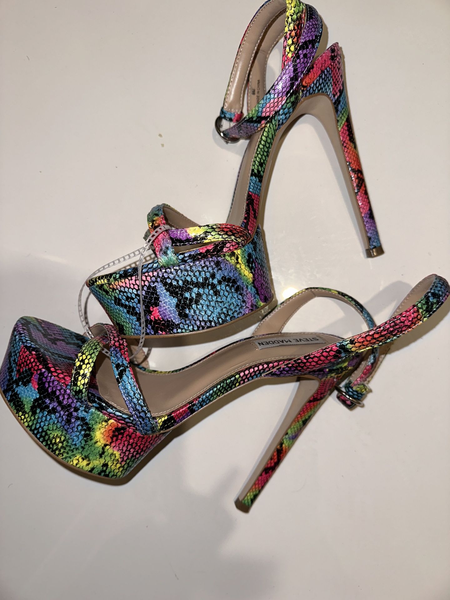 Steve Madden Dillards Macys Shoes Heels Sandals Stiletto 8 Python Spring Multi Color Rainbow Pink Snake Animal Mall Shopping New
