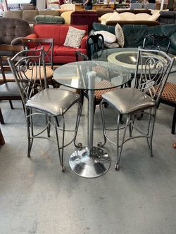 Silver & clear glass bistro table and chairs (in store)
