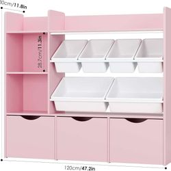 A313 Toy Storage Organizer with 3 Movable Drawers, Kids Bookshelf with 6 Plastic Bins & 2 Storage Cubbies, Toy Chest with Hidden Wheels