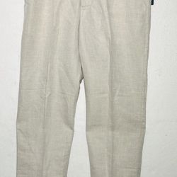 Perry Ellis Mens 34x32 Linen Blend Pants Slacks Classic Fit Flat Front-Cream