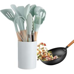 wooden handle silicone shovel tool soup spoon stir-fry shovel spoon high temperature resistant kitchenware suit-12-piece light green set