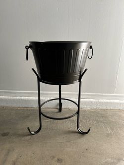 Two Piece Brown Metal Bucket In Stand