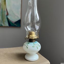 Vintage Hand Painted Milk Glass Oil Lamp ( H12.2" ) firm on price