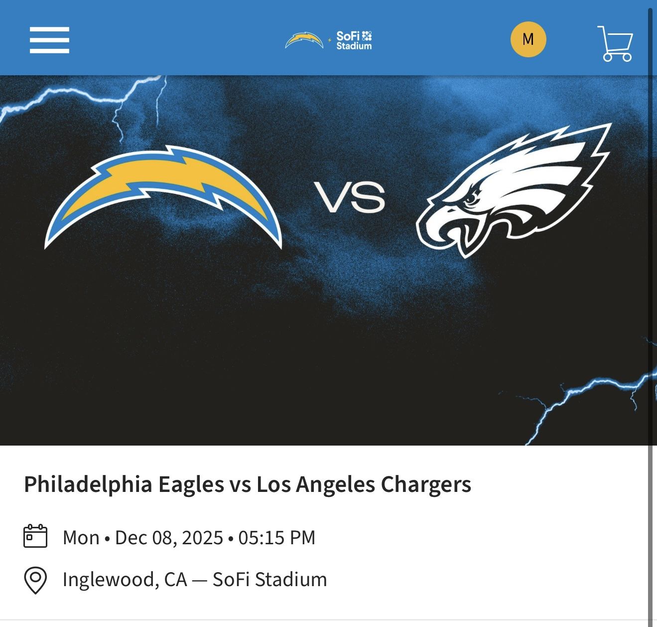 Selling Two Ticket Chargers Vs Eagles 12/08/2025 $320 Each