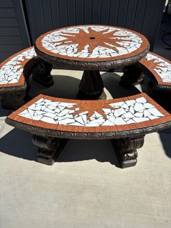 Concrete Patio Table and Bench Set