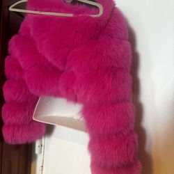 100% fox & leather fur coat hot pink dress coat half  jacket hoodie Barbie pink 