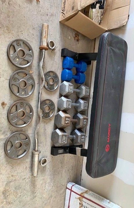 Eazy Curl Bar, Olympic Weights Plates, Dumbbells, Flat Bench