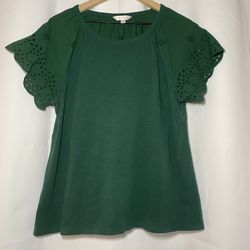 LC Lauren Conrad Peasant Blouse Womens L Dark Green Embroidery Flutter Sleeve EUC