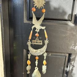 Vintage Bronze Brass Patina Antique Jeweled Moon Sun Eagle Bell Hanging tribal tiki collectible Rare Ethnic Wind chime Indoor Outdoor Decor 