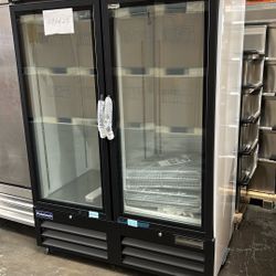 #090425 Open Box!  Polarman PLM-HGD48R 53 15/16" Black Refrigerated Double Swing Glass Door Merchandiser with LED Lighting, 48 cu.ft