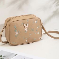 Flower Embroidered Crossbody Shoulder Bag for Women Teens Girls, Floral Print Embroidery Mini Purse with Metal Butterfly Charm, Khaki Brown *NEW*