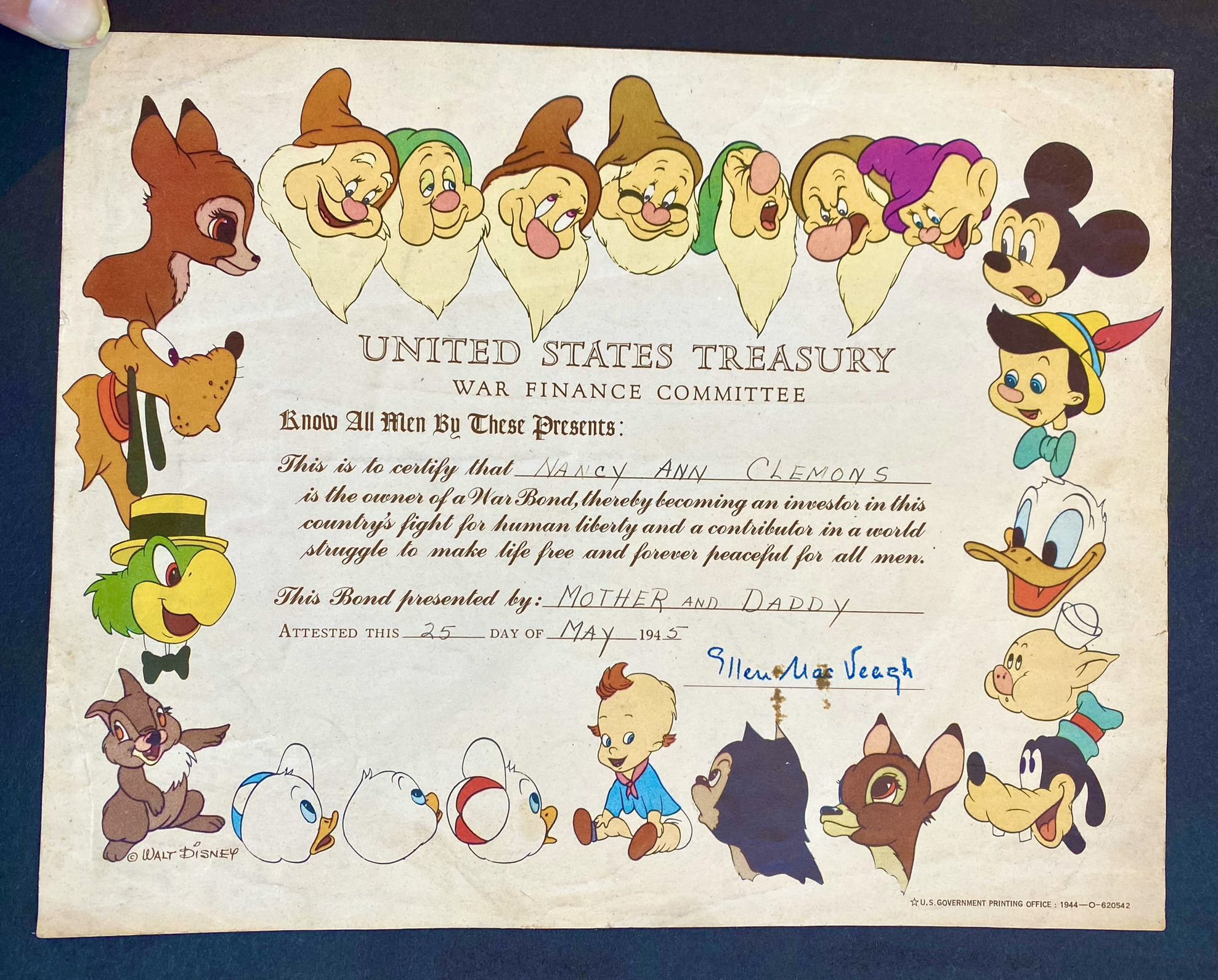 1944 WWII Walt Disney US Treasury War Bond Certificate  In 1943 Disney pitched in to raise war funds and granted the Treasury Department permission to