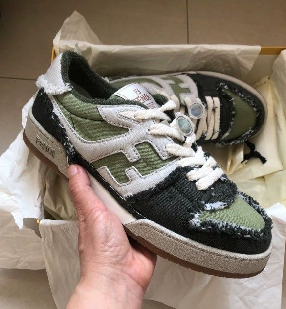 Denim leather comfortable casual low-top sneakers men's green