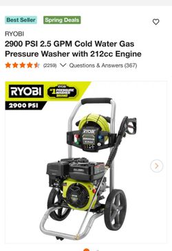 RYOBI 2900 PSI 2.5 GPM Cold Water Gas Pressure Washer with 212cc Engine