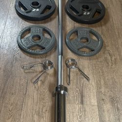 CUZ NEED THE $$ NEW Olympic Equipment: 6 ft Silver Bar & Weight Plates 35s, 25s, and 10s lbs. Total: 180 lbs [ NO, No Better Price]