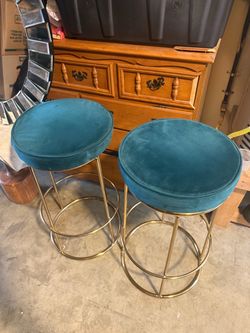 Teal Velvet Bar Stools with Gold Base – Set of 2