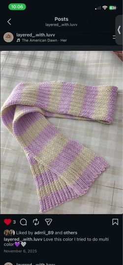 Handknit Striped Scarf Purple and Cream