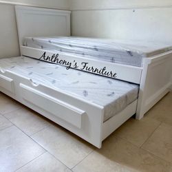 White Twin Bed With Trundle And Mattresses 