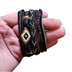 Gold Toned Black Faux Leather Beaded Aztec Bracelet