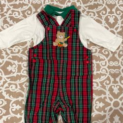 Christmas 2 Piece Collared Shirt Green And Red Plaid Overalls Size 3-6 Month Boy