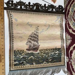 Gobelins French Tapestry Ship At Sea Carved Wood Frame 