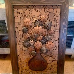 Wood Mosaic Vintage Art Flowers In Vase - HandCrafted Frame -