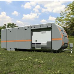 DWVO 24-27FT Travel Trailer Cover RV Cover Camper Cover Super Thick Waterproof Windproof Anti-UV Rip-Stop Motorhome Covers with 2 Long Straps 4 Tire C