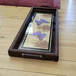 Antique Serving Tray with Blue Butterfly Insert