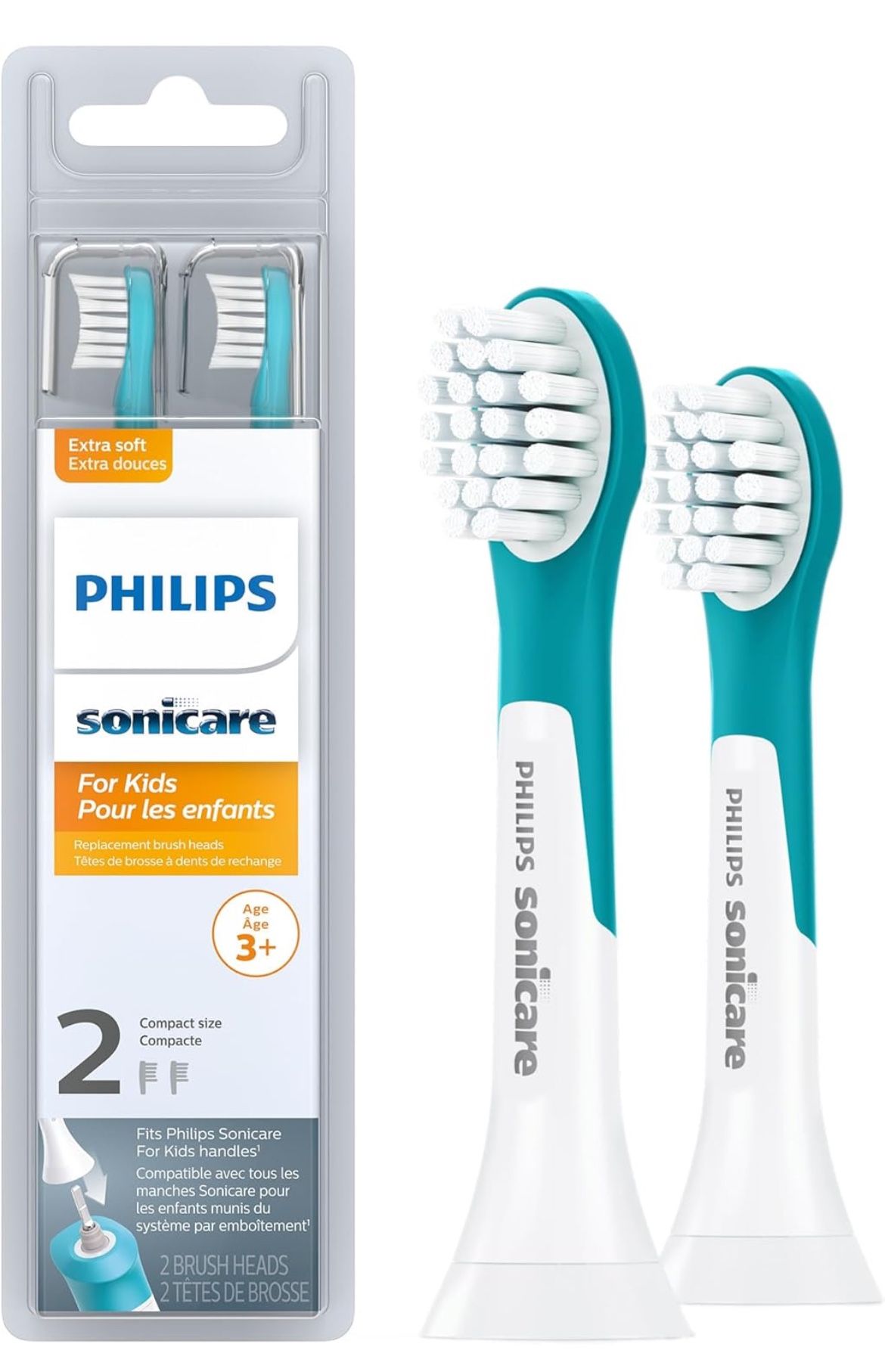 Philips Sonicare for Kids 3+ Genuine Replacement Toothbrush Heads, 2 Brush Heads, Turquoise and White, Compact, HX6032/94