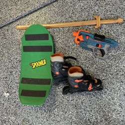 Kids Bulk Set Skates Fits Size 12-2 Youth, Wooden Sword, Spooner Board, Nerf Elite 2.0 Gun Only 