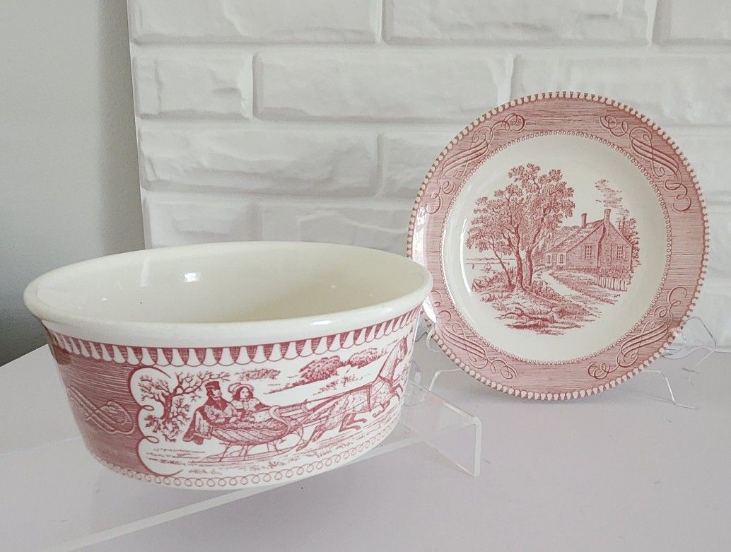 VERY RARE PINK CURRIER & IVES GRAVY BOWL IN EXCELLENT CONDITION WITH UNDERPLATE