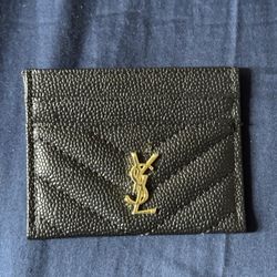 NEW YSL Black Pebbled Leather Card Holder With Gold Logo