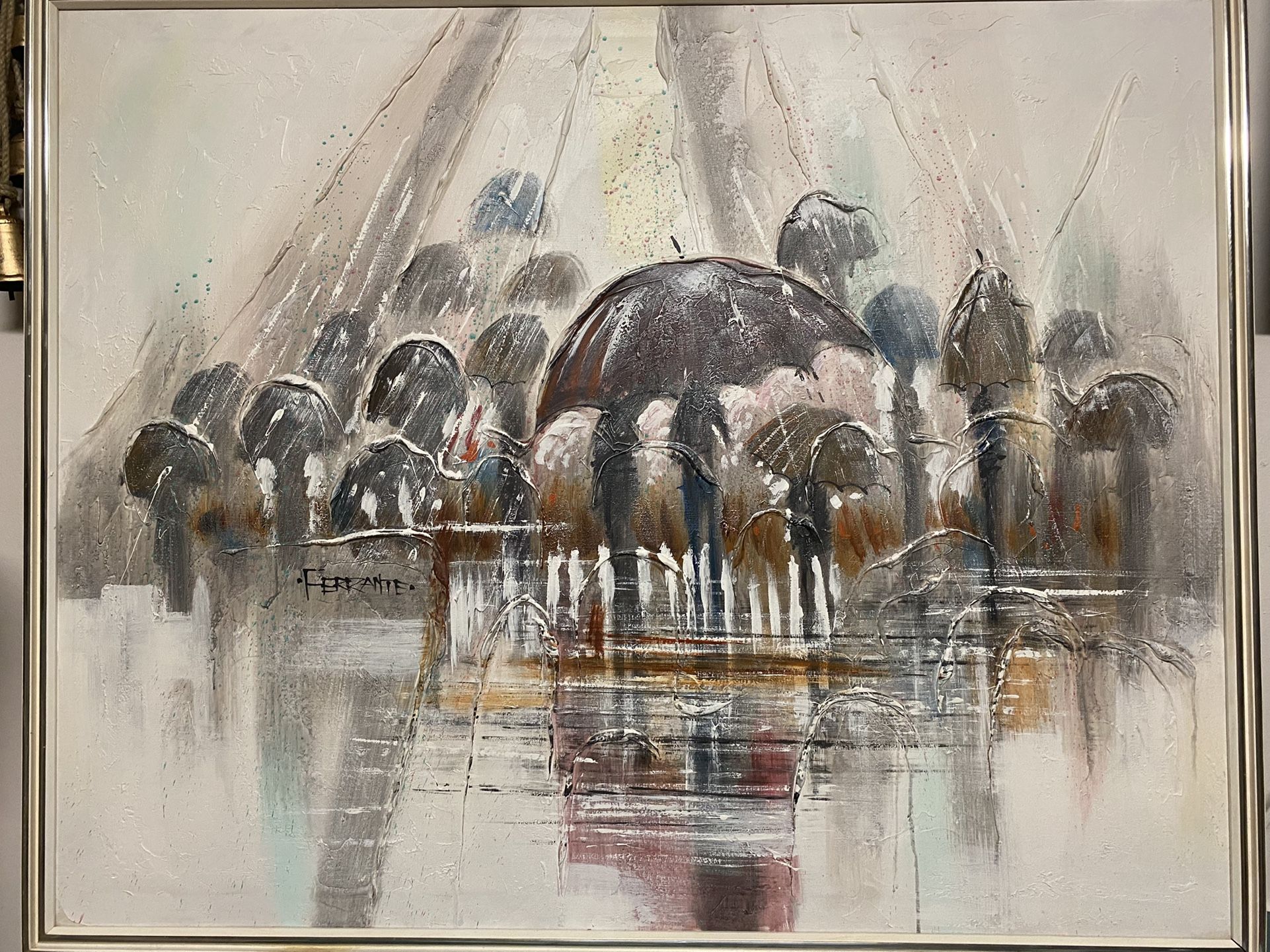 Original Vintage Framed Ferrante Oil Painting Abstract Textured Umbrellas 52" × 42" Large