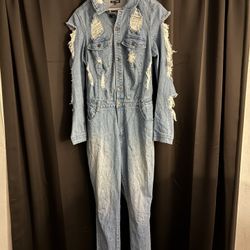 FashionNova Women’s Plus Size 1X Distressed Denim Jumpsuit