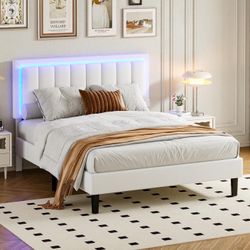 Full Size LED Bed Frame, Upholstered Platform Bed Frame with LED Light Headboard, White