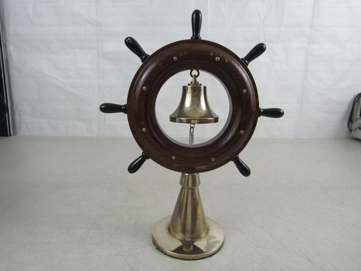 Maritime Nautical Wooden Ship's Wheel Desk Top Gong Bell 10 1/4" Tall