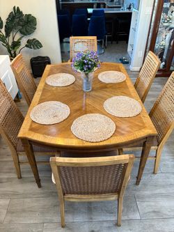 Vintage Drexel Dining Table + 6 Cane Back Chairs – Refinished