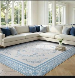 SOULFUL Medium Pile 8x10 Rugs for Living Room - Cozy Soft Underfoot Large Area Rug - Mist Blue Boho Floral - Washable Non-Slip - Perfect for Bedroom K