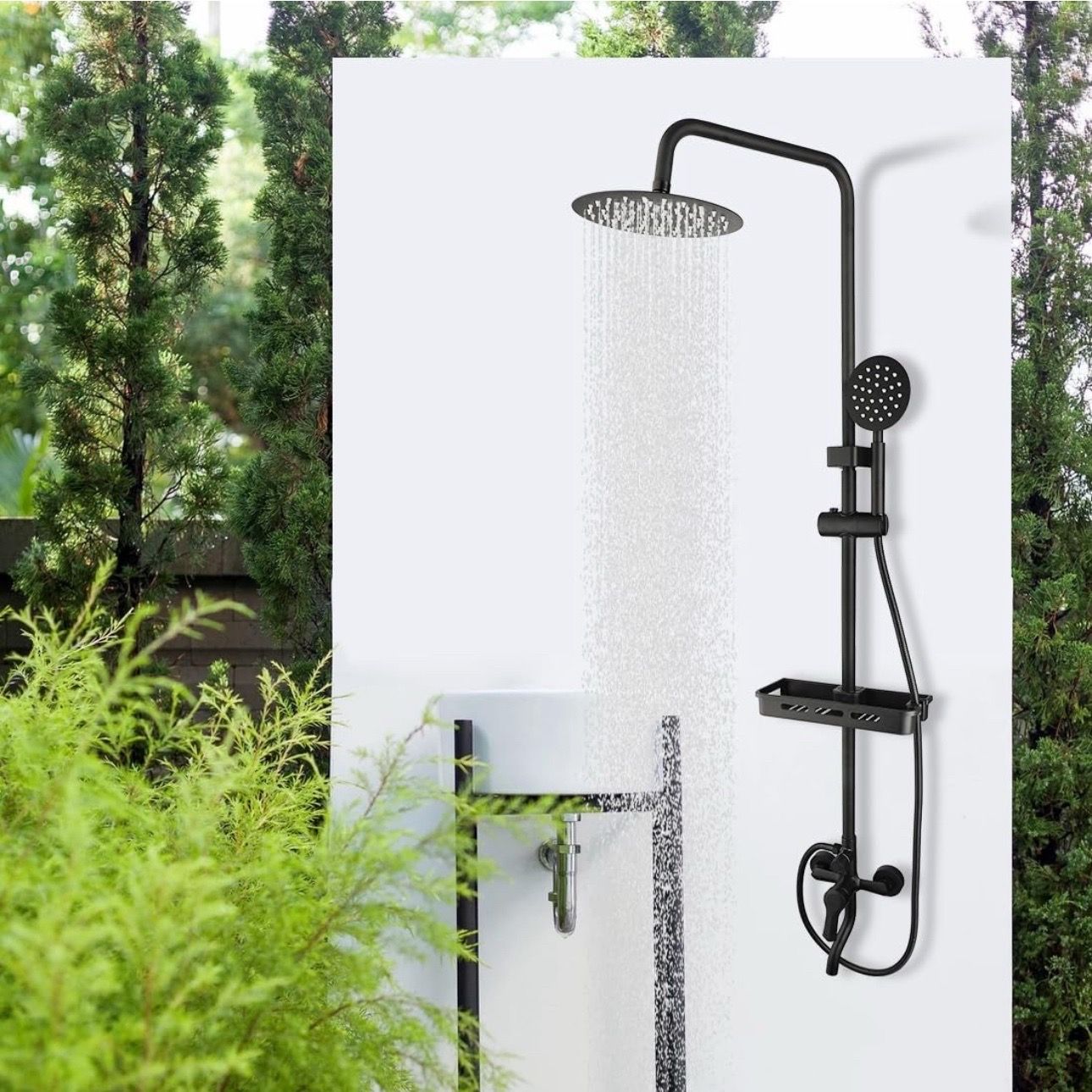 Matte Black Exposed Shower System 8 Inch Rainfall Shower Head 3 Functions Wall Mounted Outdoor Shower Fixtures Stainless Steel Bathroom Shower Set wit