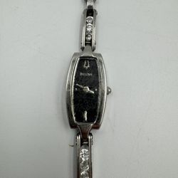 Bulova Womens Floating Crystals Dress Watch , Black Dial Silver Stainless Steel