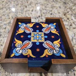 4 Talavera Coasters with Walnut Holder