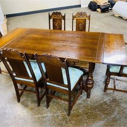 RARE Antique Burled Walnut Dining Table with 6 Chairs and Table Pads