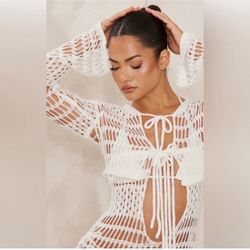 White Crochet Open-Front Long Sleeve Top