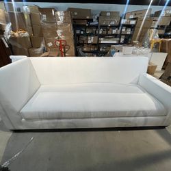 Reduced - missing cushions - White Linen Modena Sofa – Right Arm Bench Seat, Track Arm – Contemporary Sectional Couch Lounger