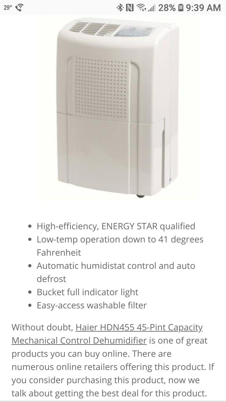 Haier 45 pint dehumidifier. Model HDN455