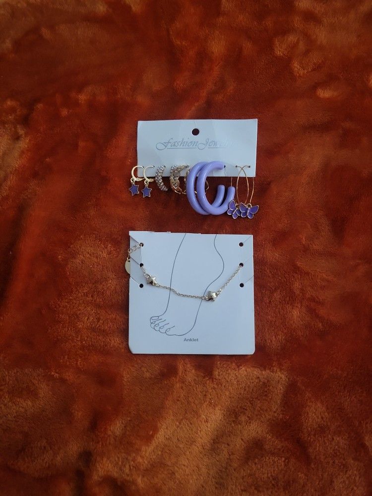 $ 5 Dollars Each ,two For $ 8 Beautiful Purple Colored Earrings And Gold Anklet