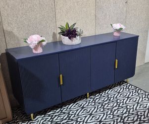 EXTRA LONG SIDEBOARD OR TV STAND IN BLUE COLOR & GOLD ACENTS FLUTED SHAPE NEW CONDITION 67X17X30