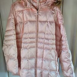 Pink Mid length Down Jacket With Hood