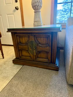 Asian Chinoiserie End Table Cabinet with Glass Top