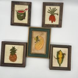 Vintage VEGETABLES CREWEL EMBROIDERY WALL ART IN  FRAMES 70'S Set Of 5